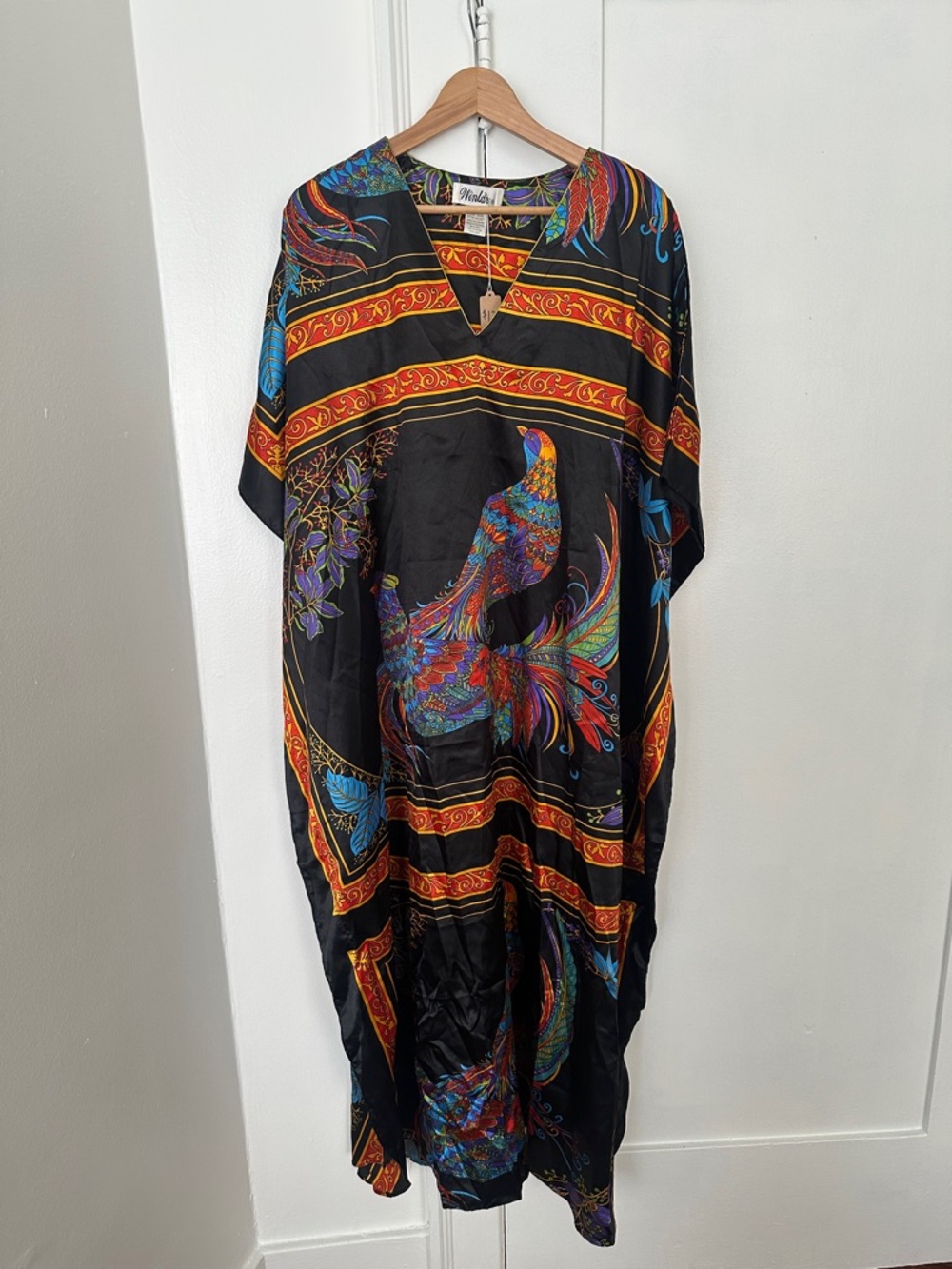 Vintage Winlar Vibrant Black Multicolor Bird Print Kaftan
